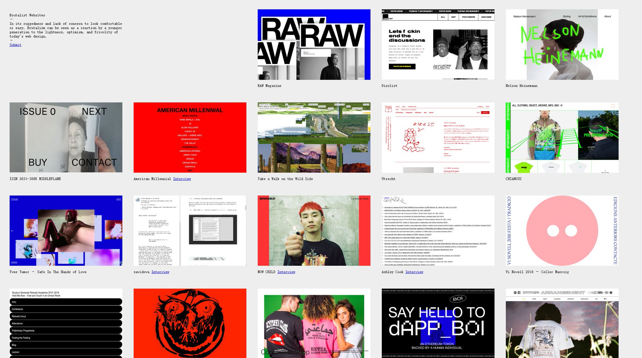 新粗野主义网站参考拼贴,汇集 Brutalist Websites、RAW Magazine、Disslist、个人作品站和多种高对比排版页面