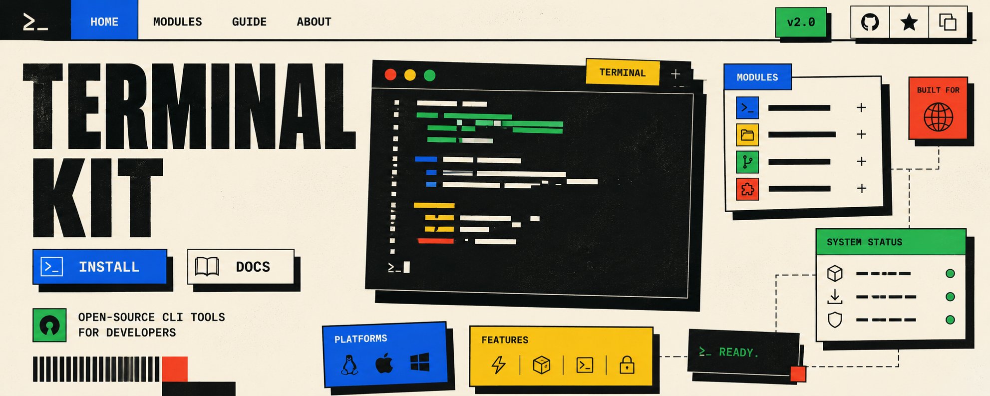 TERMINAL KIT 开源工具主页概念,以黑色终端窗口、彩色代码块、模块列表和系统状态卡展示 CLI 工具