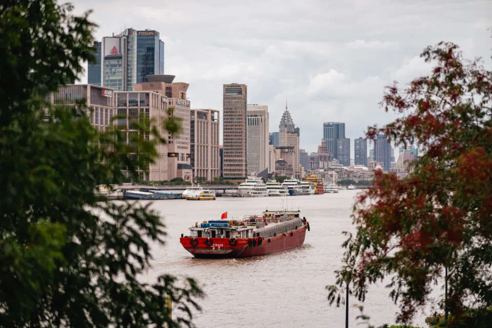 河面上的红色小船驶过城市天际线，前景有树木掩映