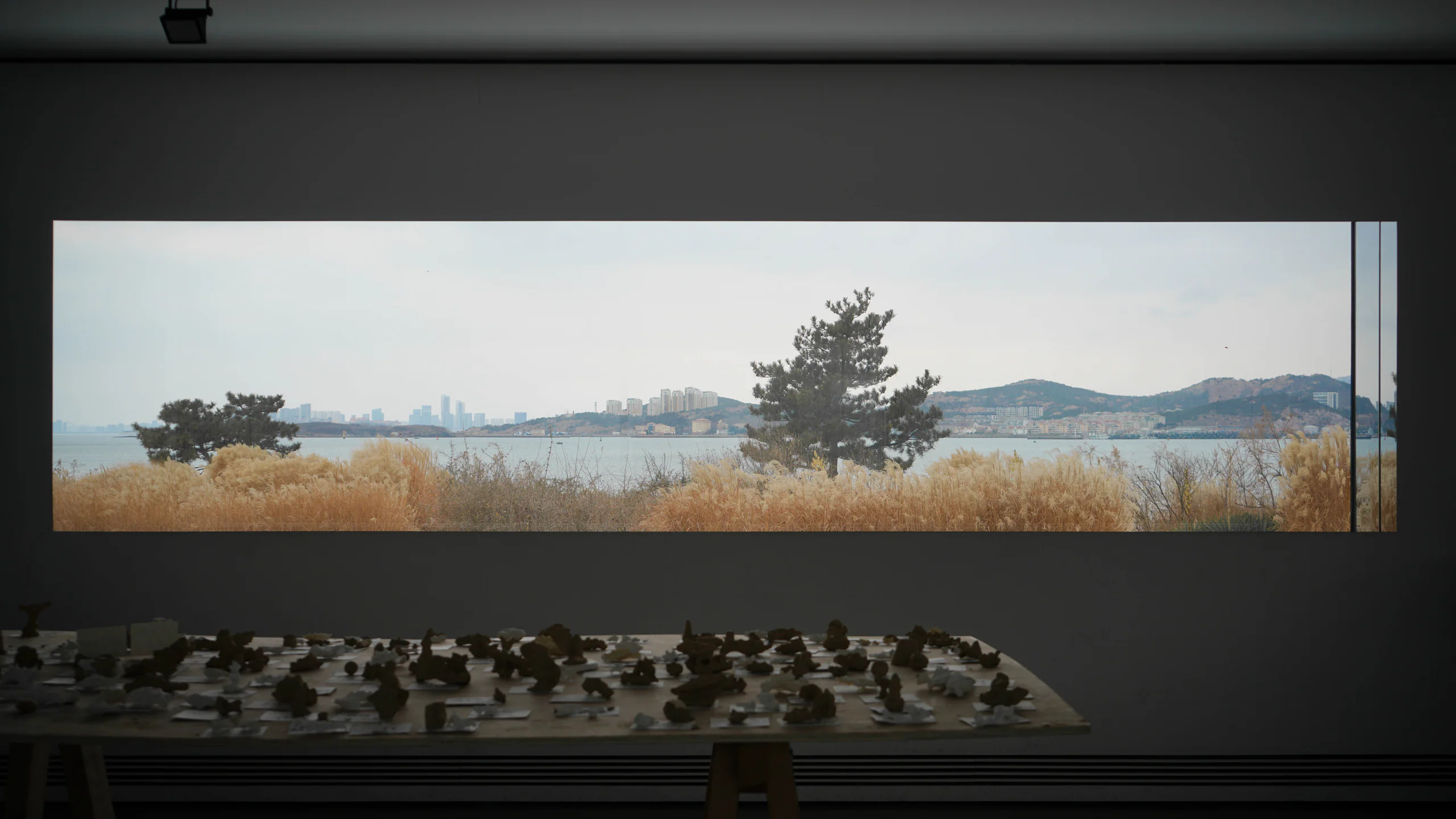 昏暗展厅中一幅横向风景作品的展示空间