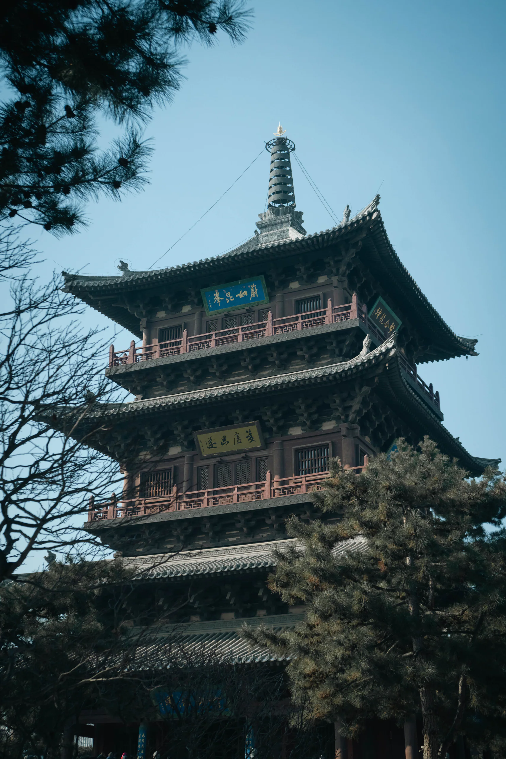 树木之间露出的多层传统塔楼
