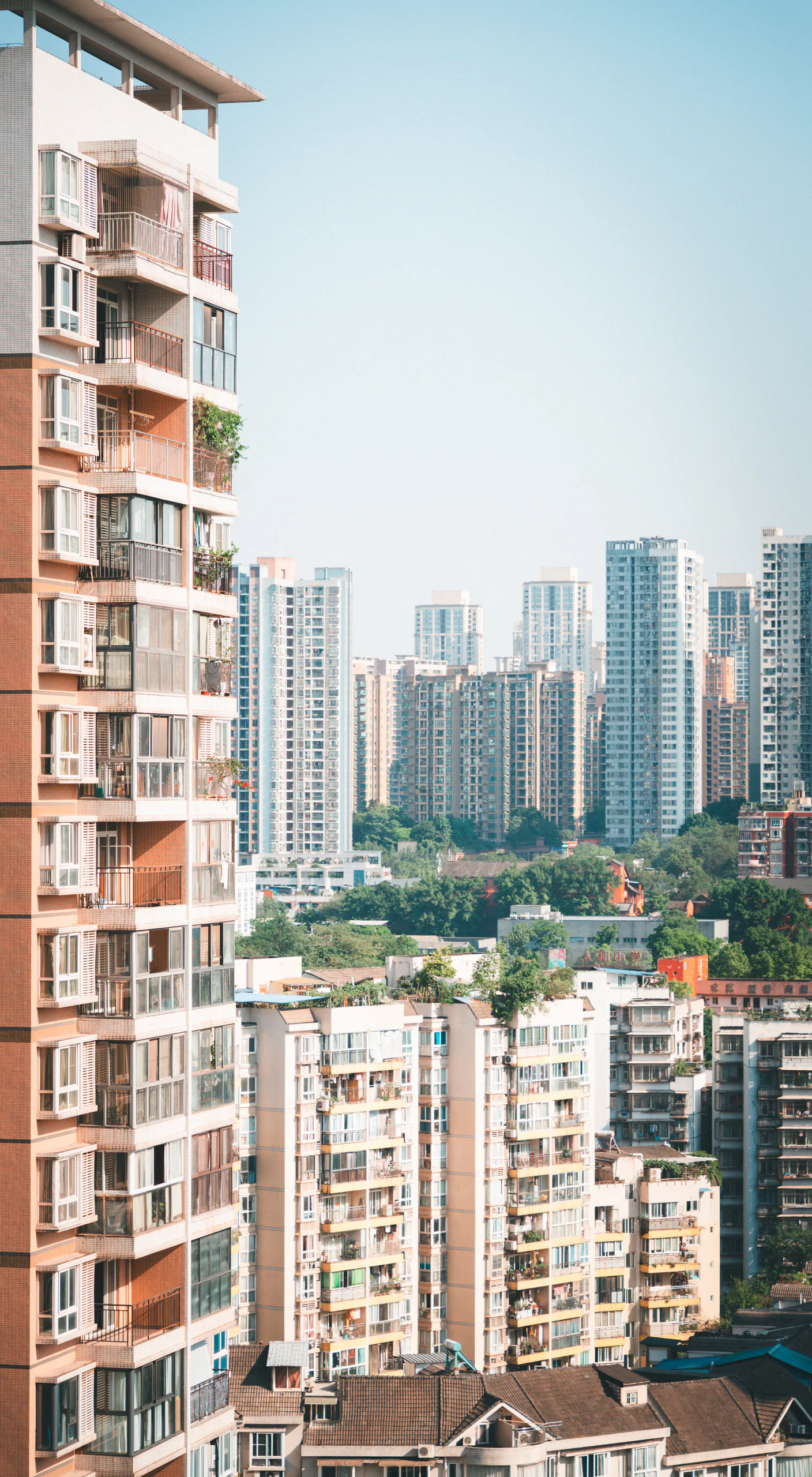 住宅楼与远处城市天际线的竖幅景观